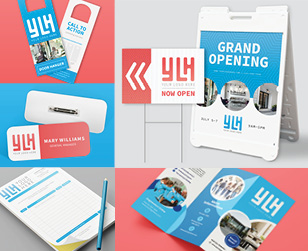 collage of printed materials in red, white and blue